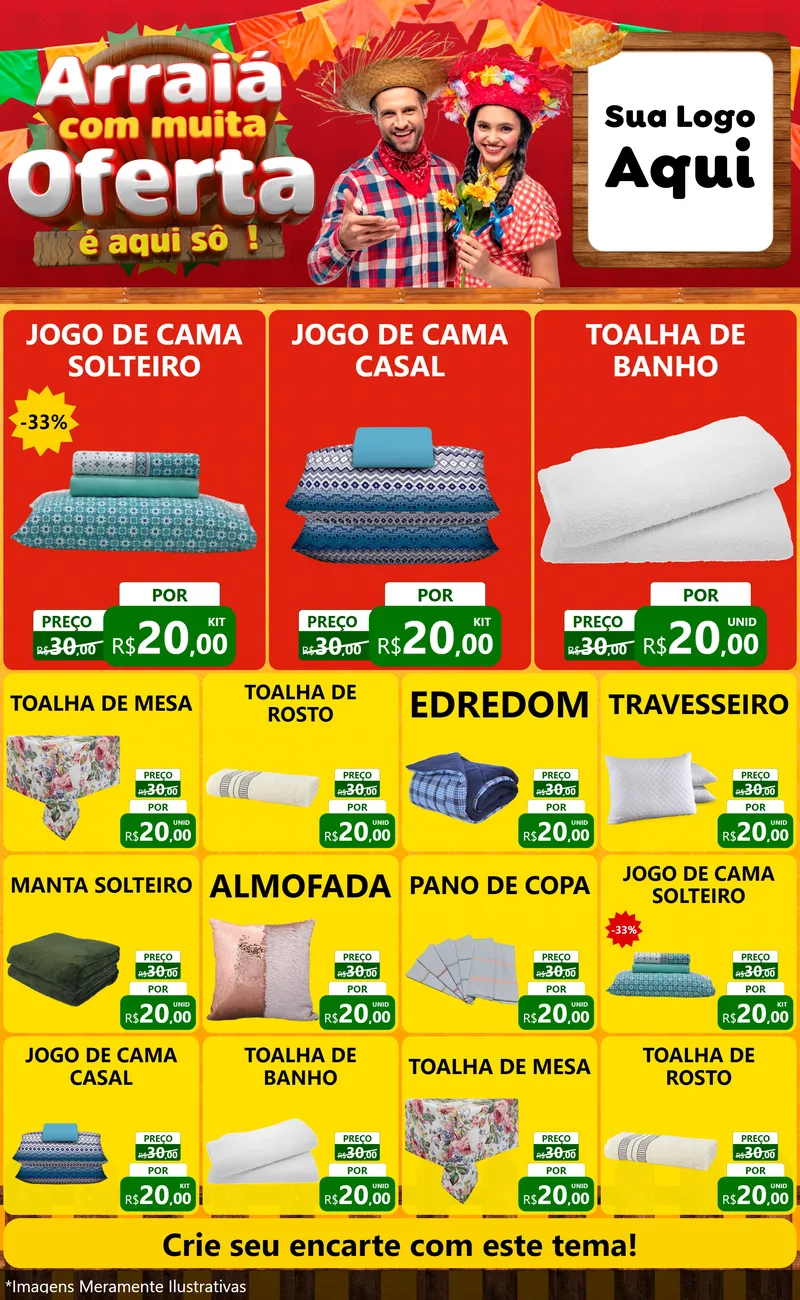 Modelo de Encarte para Encarte Grande com o tema Arraiá Com Muita Oferta - É Aqui Sô! para Cama, Mesa e Banho