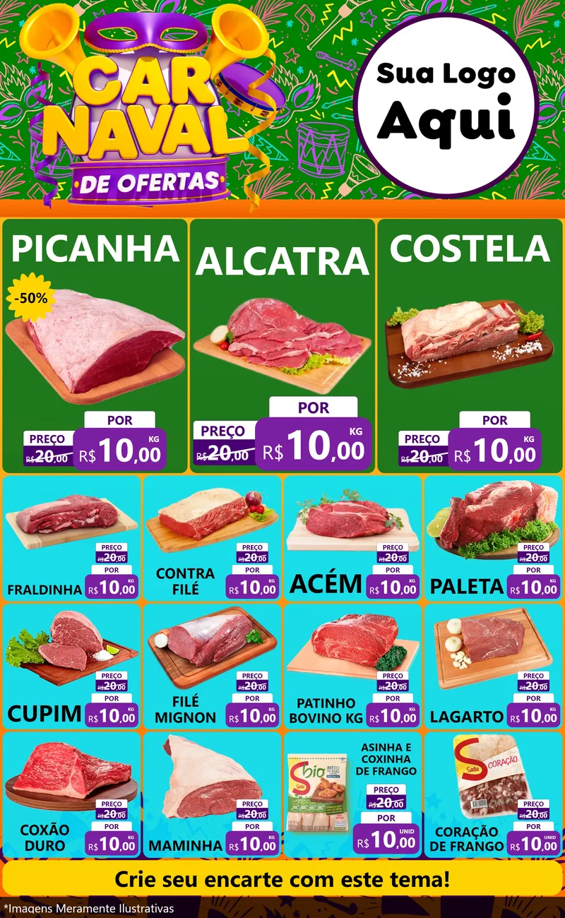 Modelo de Encarte para Encarte Grande com o tema Carnaval de Ofertas para Açougue