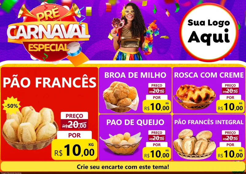 Modelo de Encarte para Encarte A4 Horizontal com o tema Pré-Carnaval Especial para Padaria