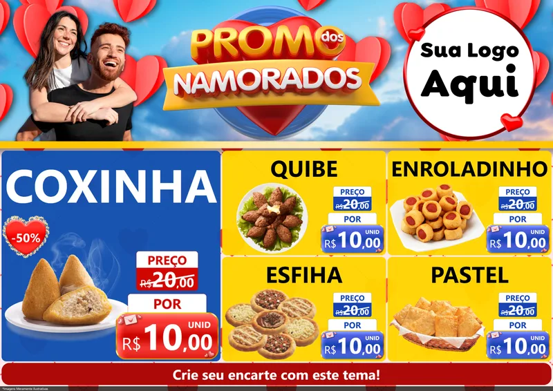 Modelo de Encarte para Encarte A4 Horizontal com o tema Promo dos Namorados para Salgadaria