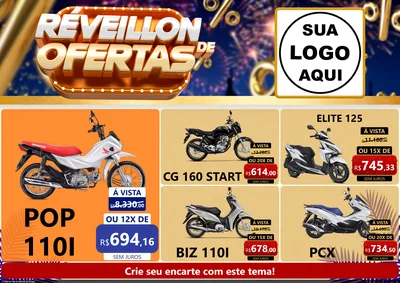 Modelo de Encarte para Encarte A4 Horizontal com o tema Réveillon de Ofertas para Concessionaria de Motos