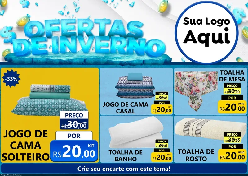 Modelo de Encarte para Encarte A4 Horizontal com o tema Ofertas de Inverno para Cama, Mesa e Banho