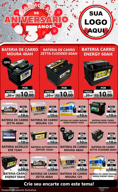Modelo de Encarte para Encarte Grande com o tema Promoção de Aniversário - 3 Anos para Baterias Elétricas