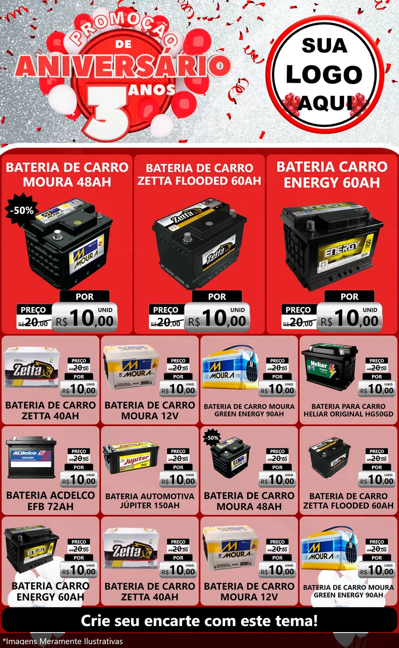 Modelo de Encarte para Encarte Grande com o tema Promoção de Aniversário - 3 Anos para Baterias Elétricas