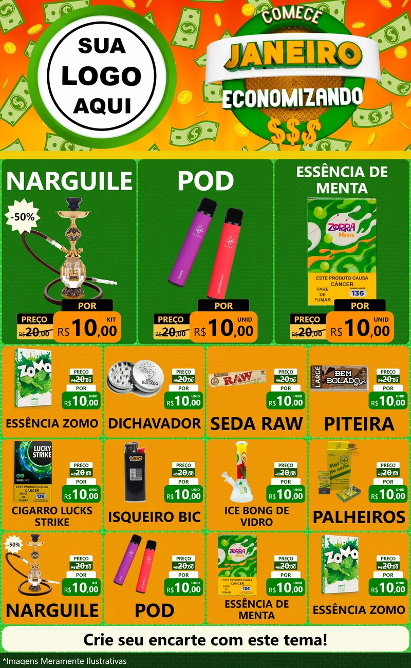Modelo de Encarte para Encarte Grande com o tema Comece Janeiro Economizando para Tabacaria