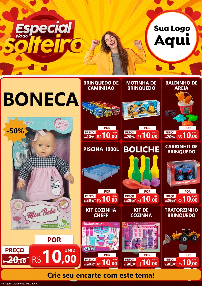 Modelo de Encarte para Encarte A4 Vertical com o tema Especial Dia do Solteiro para Brinquedos