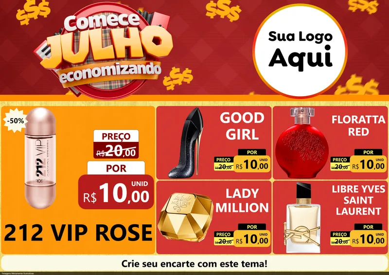 Modelo de Encarte para Encarte A4 Horizontal com o tema Comece Julho Economizando para Perfumes