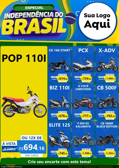 Modelo de Encarte para Encarte A4 Vertical com o tema Especial Independência do Brasil para Concessionaria de Motos