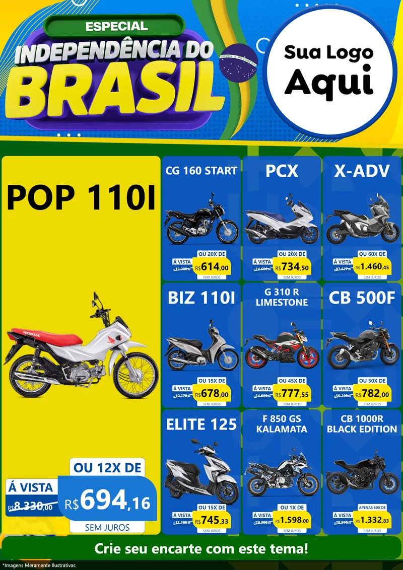 Modelo de Encarte para Encarte A4 Vertical com o tema Especial Independência do Brasil para Concessionaria de Motos