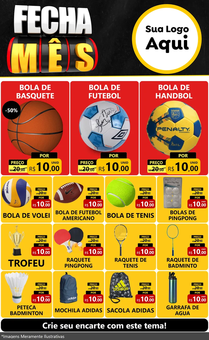 Modelo de Encarte para Encarte Grande com o tema Fecha Mês para Artigos Esportivos