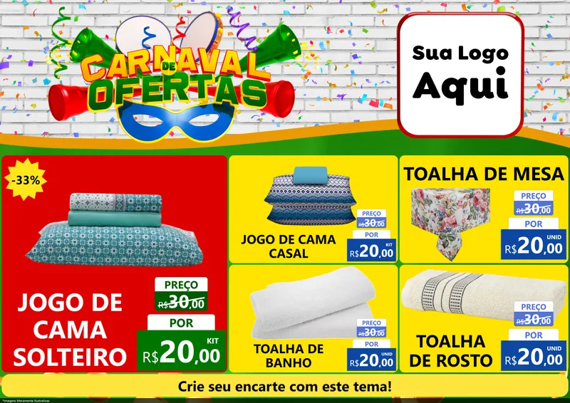 Modelo de Encarte para Encarte A4 Horizontal com o tema Carnaval de Ofertas para Cama, Mesa e Banho