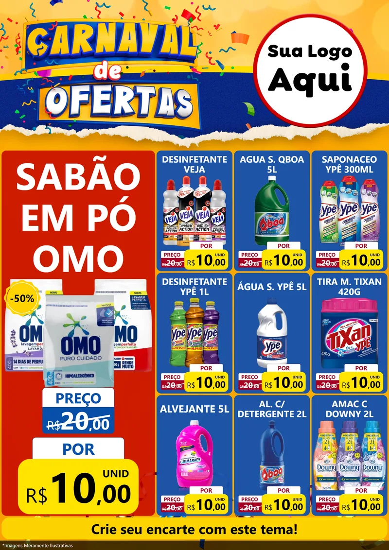 Modelo de Encarte para Encarte A4 Vertical com o tema Carnaval de Ofertas para Produtos de Limpeza