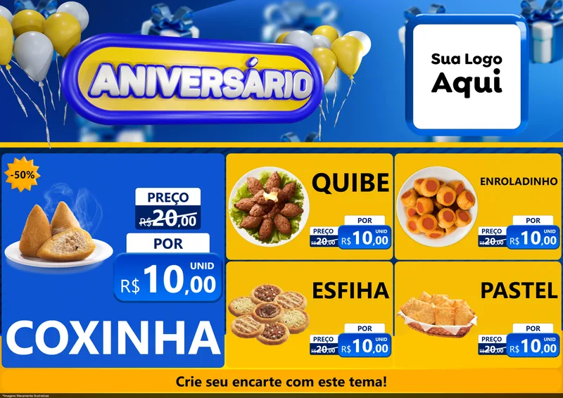 Modelo de Encarte para Encarte A4 Horizontal com o tema Aniversário para Salgadaria