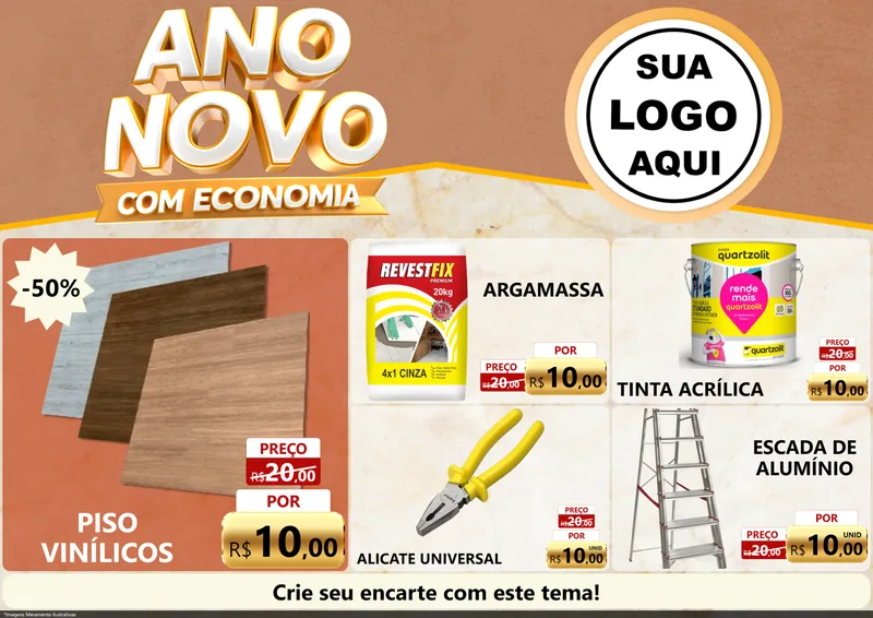 Modelo de Encarte para Encarte A4 Horizontal com o tema Ano Novo Com Economia para Material para Construção