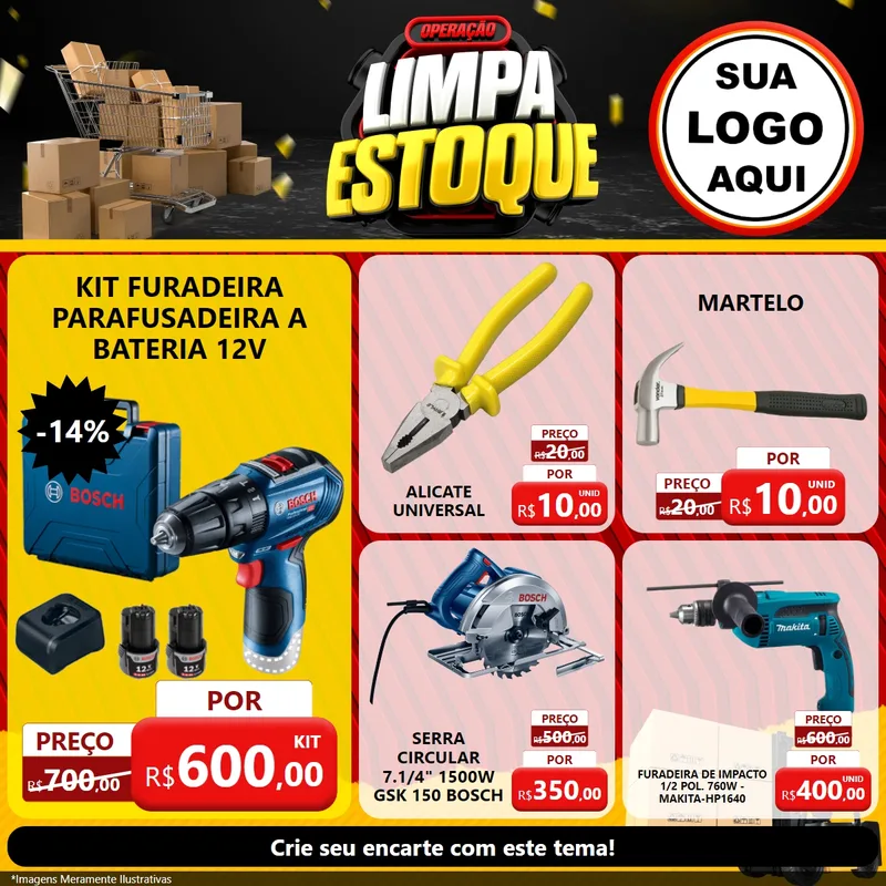 Modelo de Rede Social para Feed Facebook com o tema Operação Limpa Estoque para Maquinas e Ferramentas