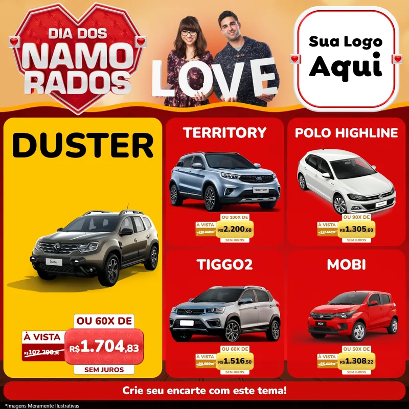 Modelo de Rede Social para Feed Facebook com o tema Dia dos Namorados para Concessionaria de Carros
