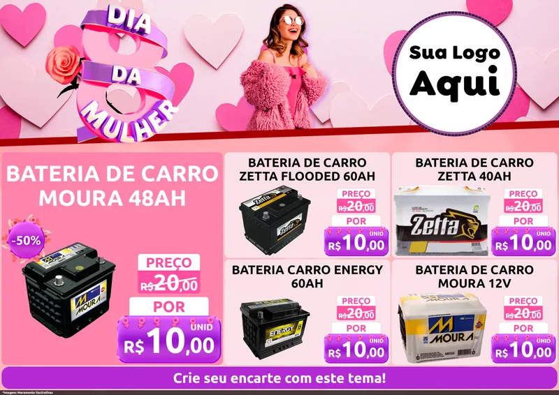 Modelo de Encarte para Encarte A4 Horizontal com o tema Dia da Mulher para Baterias Elétricas