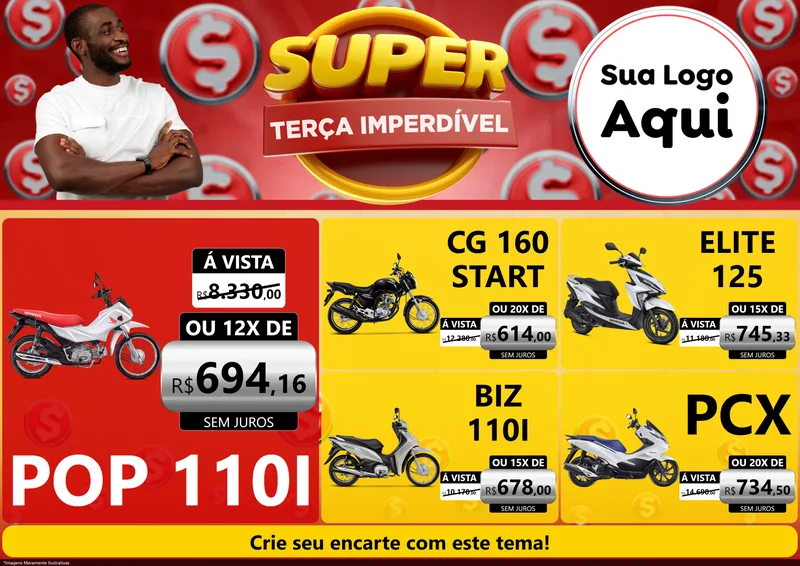 Modelo de Encarte para Encarte A4 Horizontal com o tema Super Terça Imperdível para Concessionaria de Motos