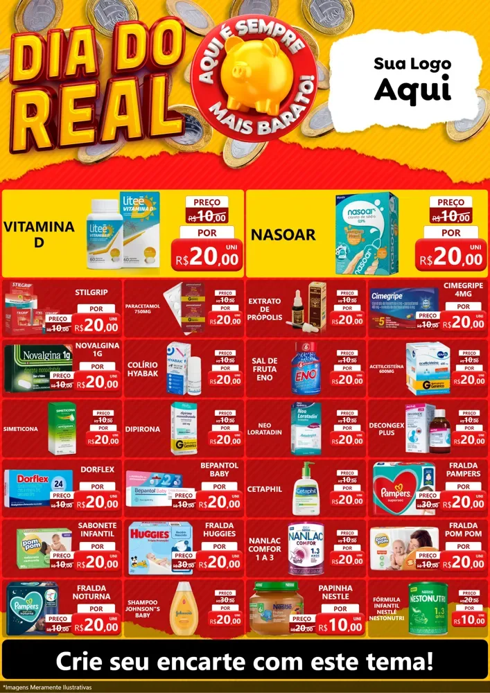 Modelo de Encarte para Encarte A4 Vertical com o tema Dia Do Real para Farmácia