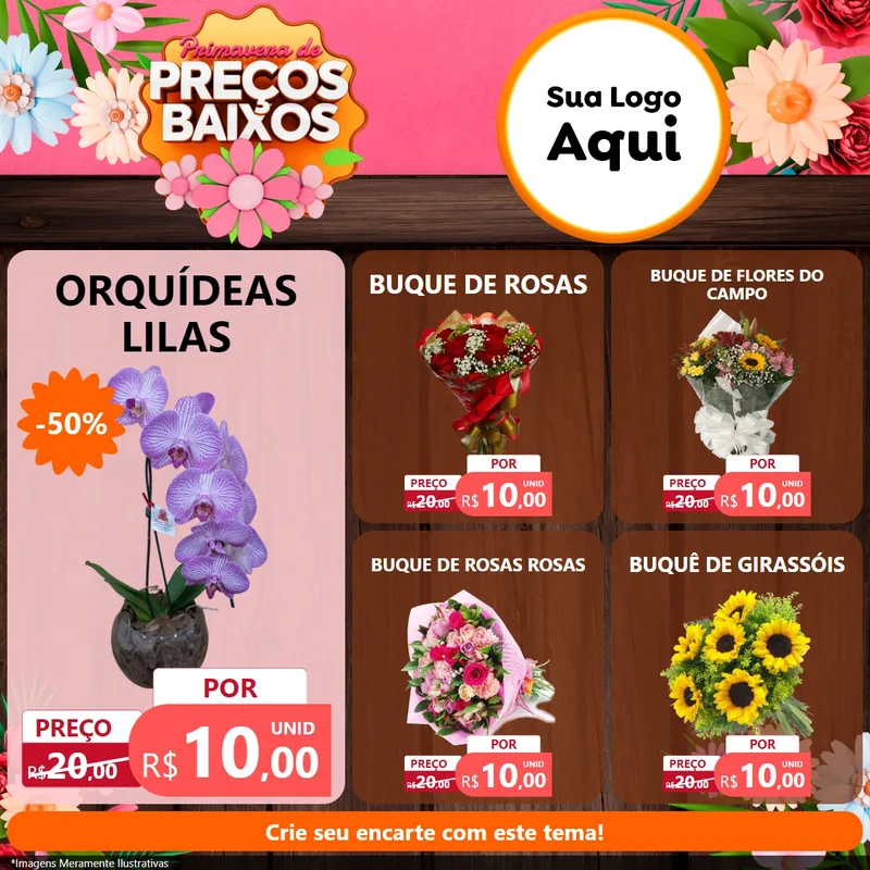Modelo de Rede Social para Feed Facebook com o tema Primavera de Preços Baixos para Floricultura e jardim