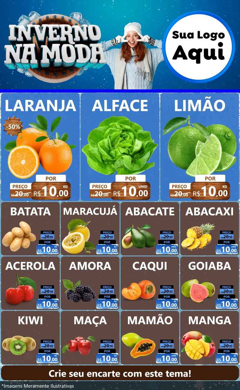 Modelo de Encarte para Encarte Grande com o tema Inverno na Moda para Hortifrúti