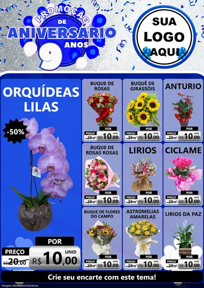 Modelo de Encarte para Encarte A4 Vertical com o tema Promoção de Aniversário - 9 Anos para Floricultura e jardim
