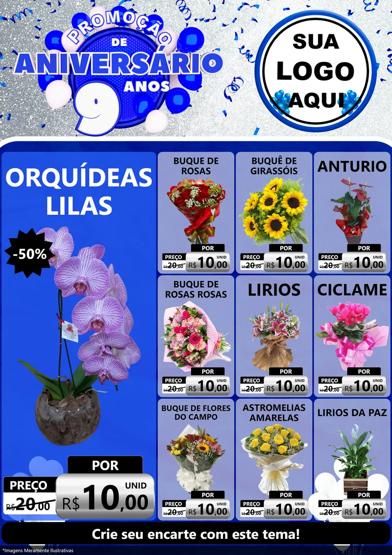 Modelo de Encarte para Encarte A4 Vertical com o tema Promoção de Aniversário - 9 Anos para Floricultura e jardim
