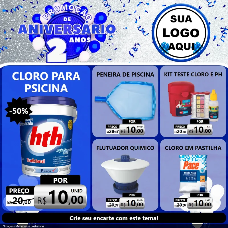 Modelo de Rede Social para Feed Facebook com o tema Promoção de Aniversário - 2 Anos para Produtos para Piscina