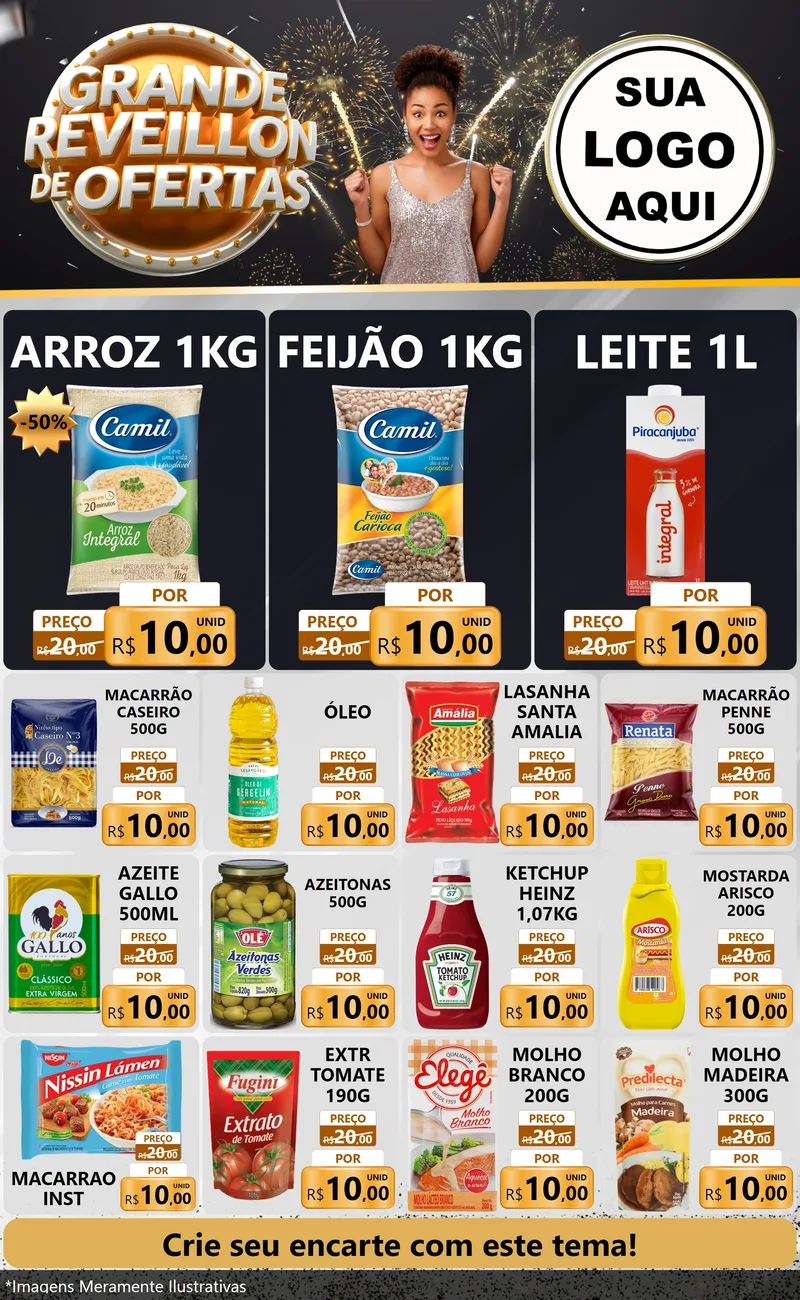 Modelo de Encarte para Encarte Grande com o tema Grande Réveillon de Ofertas para Supermercado