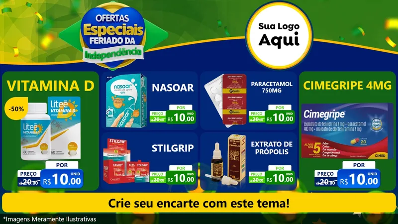 Modelo de TV para TV Horizontal com o tema Ofertas Especiais Feriado da Independência para Farmácia