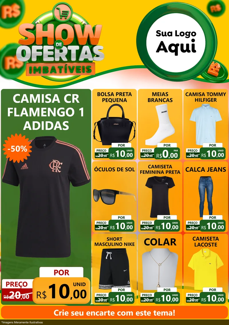Modelo de Encarte para Encarte A4 Vertical com o tema Show de Ofertas Imbatíveis para Roupas e acessórios