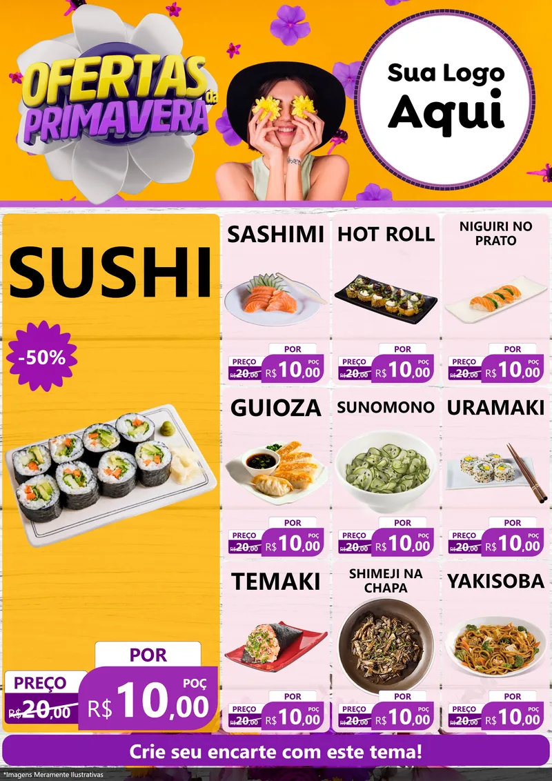 Modelo de Encarte para Encarte A4 Vertical com o tema Ofertas Da Primavera para Comida japonesa