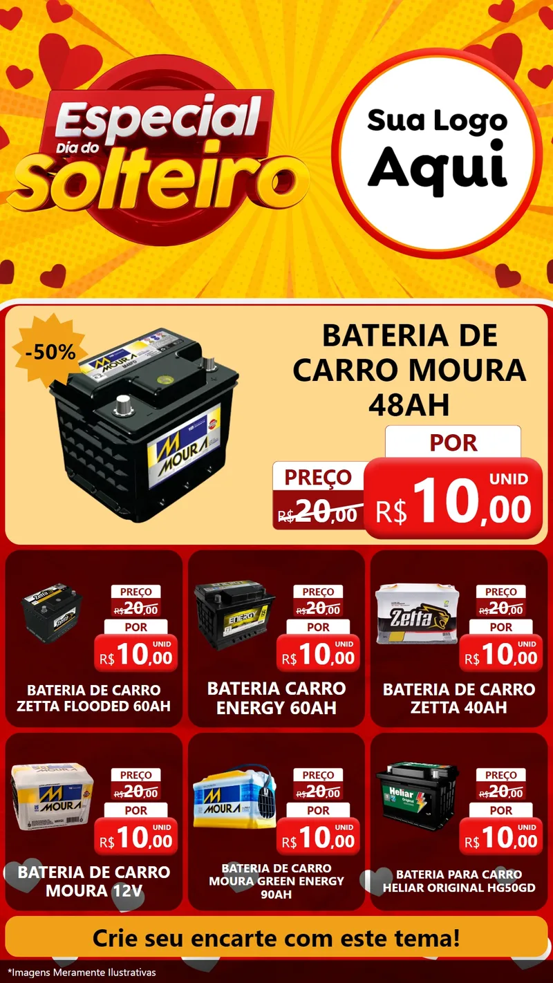 Modelo de Rede Social para Stories com o tema Especial Dia do Solteiro para Baterias Elétricas