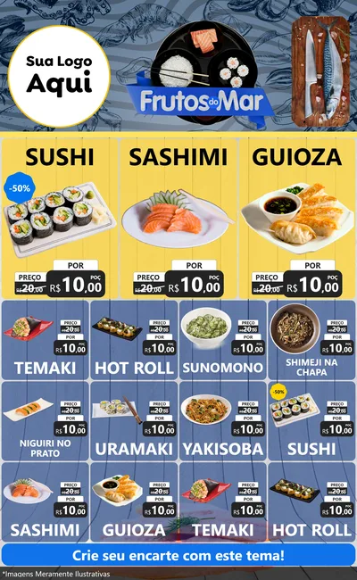 Modelo de Encarte para Encarte Grande com o tema Frutos do Mar para Comida japonesa