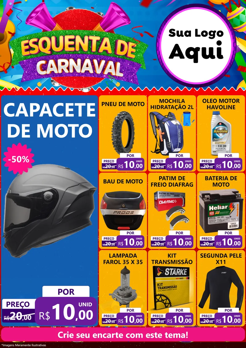 Modelo de Encarte para Encarte A4 Vertical com o tema Esquenta de Carnaval para Moto peças