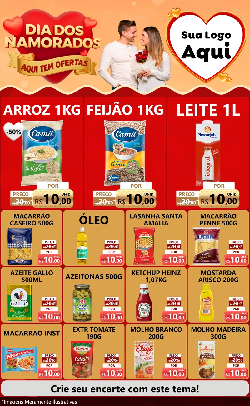Modelo de Encarte para Encarte Grande com o tema Dia dos Namorados - Aqui Tem Ofertas para Supermercado