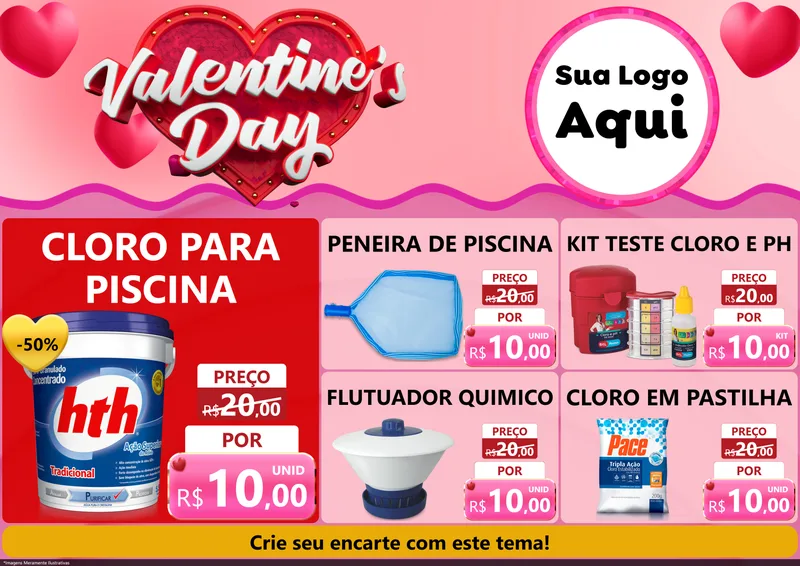 Modelo de Encarte para Encarte A4 Horizontal com o tema Valentine's Day para Produtos para Piscina