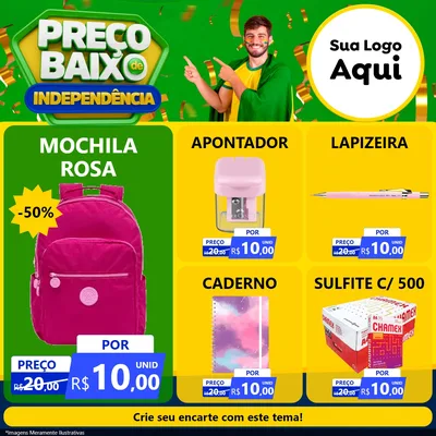 Modelo de Rede Social para Feed Facebook com o tema Preço Baixo de Independência para Papelaria