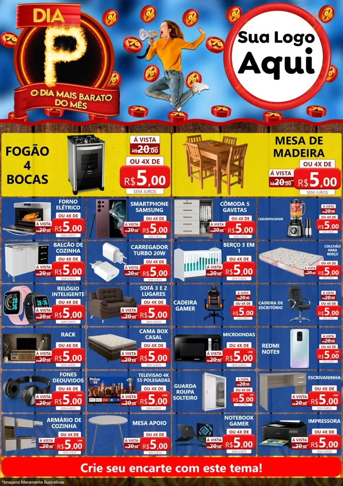 Modelo de Encarte para Encarte A4 Vertical com o tema Dia P - O Dia Mais Barato Do Mês para Móveis e Eletro
