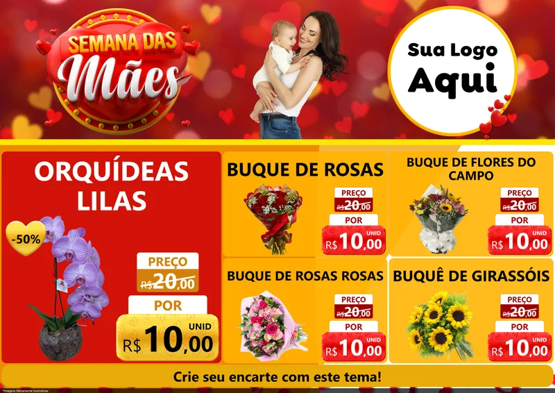 Modelo de Encarte para Encarte A4 Horizontal com o tema Semana das Mães para Floricultura e jardim