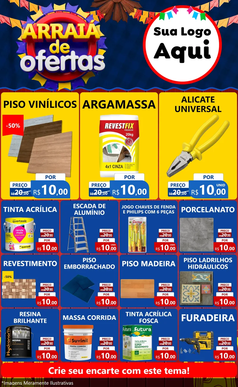 Modelo de Encarte para Encarte Grande com o tema Arraiá de Ofertas para Material para Construção