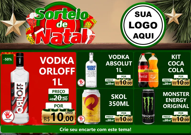Modelo de Encarte para Encarte A4 Horizontal com o tema Sorteio de Natal para Distribuidora de bebidas