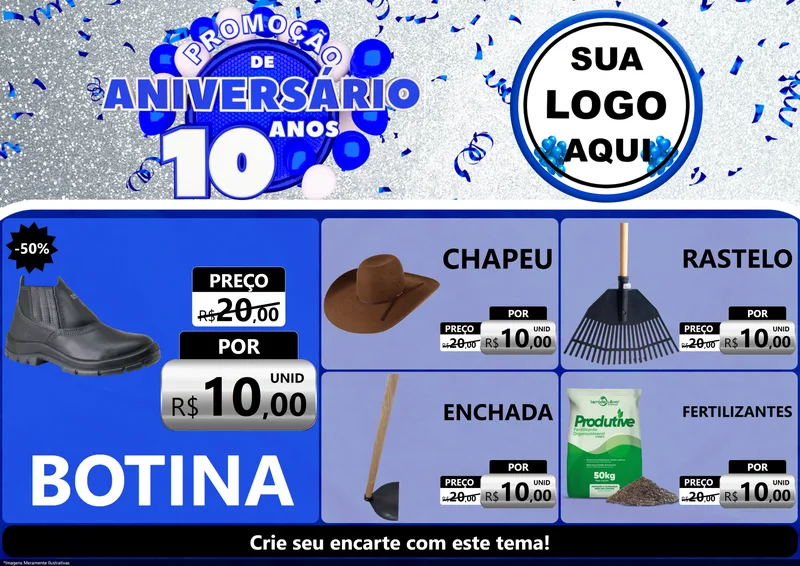 Modelo de Encarte para Encarte A4 Horizontal com o tema Promoção de Aniversário - 10 Anos para Agropecuária