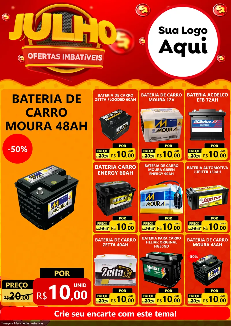 Modelo de Encarte para Encarte A4 Vertical com o tema Julho Ofertas Imbatíveis para Baterias Elétricas