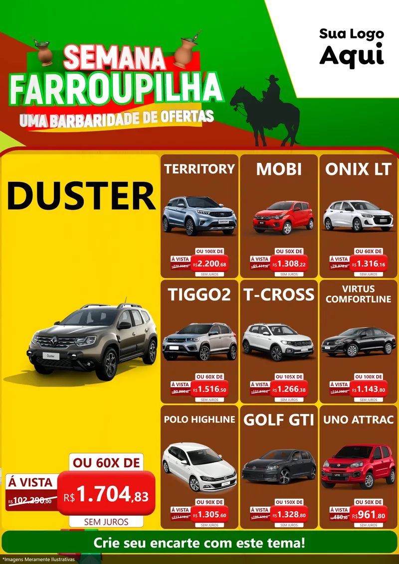 Modelo de Encarte para Encarte A4 Vertical com o tema Semana Farroupilha - Uma Barbaridade de Ofertas para Concessionaria de Carros