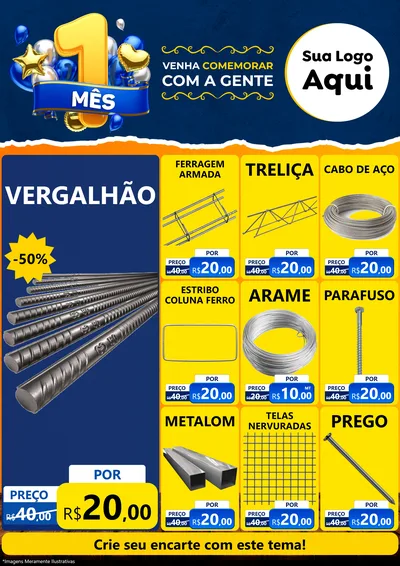 Modelo de Encarte para Encarte A4 Vertical com o tema Um Mês de Aniversário para Ferragens