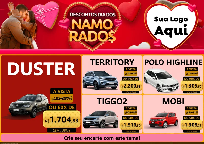 Modelo de Encarte para Encarte A4 Horizontal com o tema Descontos Dia dos Namorados para Concessionaria de Carros