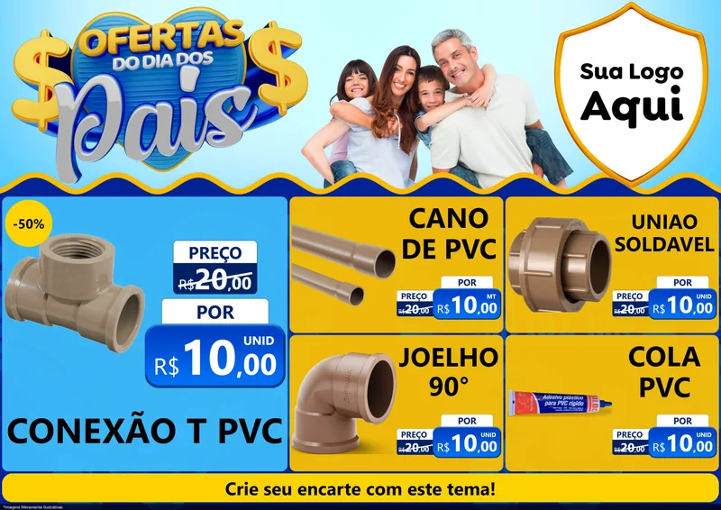 Modelo de Encarte para Encarte A4 Horizontal com o tema Ofertas do Dia dos Pais para Tubos e conexões