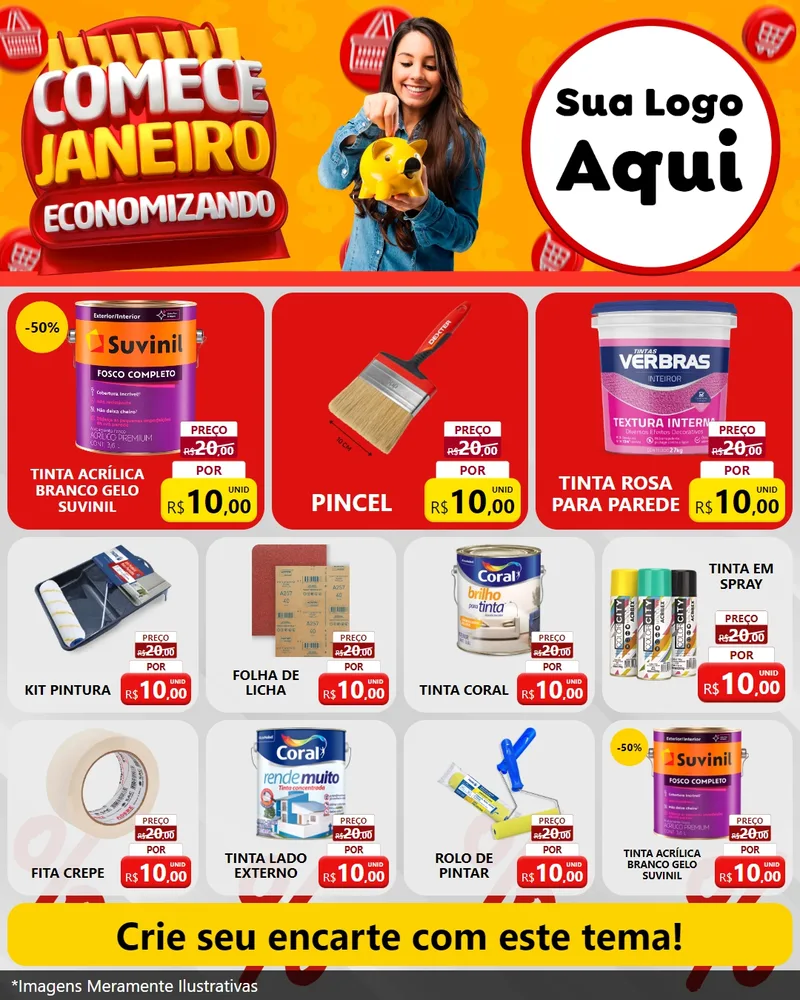 Modelo de Rede Social para Feed Instagram com o tema Comece Janeiro Economizando para Tintas e Ferramentas
