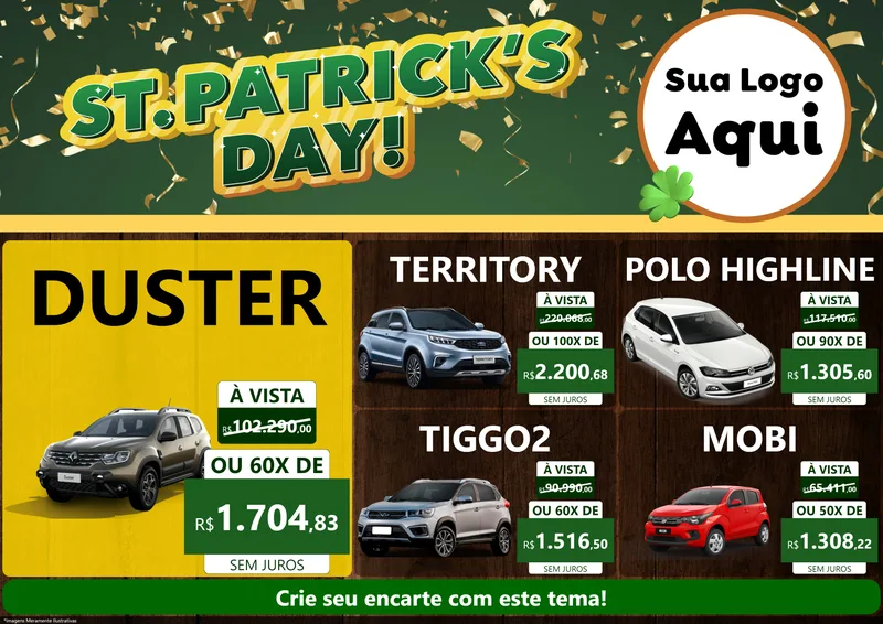 Modelo de Encarte para Encarte A4 Horizontal com o tema St Patriks Day para Concessionaria de Carros